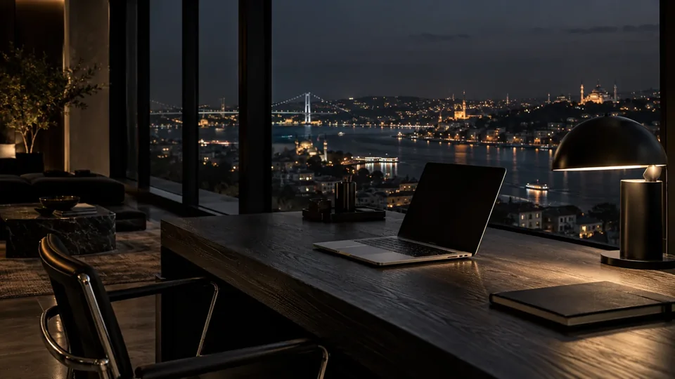Gece atmosferinde çalışma alanı — editoryal kompozisyon